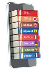 Poster - Smartphone with language textbooks inside. Mobile language application, dictionary or translator online. 3D rendering isolated on transparent background