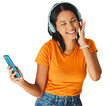 © Krunal/peopleimages.com - Woman, headphones and streaming music, phone or mobile app isolated on transparent png background. Fun, sound and female enjoying and listening to radio, podcast and song or audio smiling and happy
