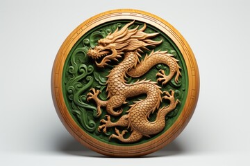 Aufkleber - A wooden plaque featuring a beautifully carved green and gold dragon. This unique piece of artwork can be used to add an exotic touch to any space.