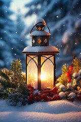 Sticker - A lantern with a candle lit, casting a warm glow in the snowy landscape. Perfect for winter-themed designs and holiday decorations.