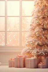 Wall Mural - A picture of a white Christmas tree with presents in front of it. Perfect for holiday greetings and festive decorations.