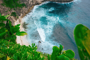 Wall Mural - Elevated view of a pristine beach with azure waters framed by lush green foliage.