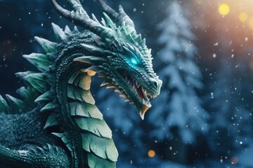 Poster - A close-up view of a dragon in the snow. This image can be used for fantasy-themed designs or to represent strength and power in a winter setting.