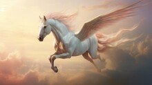  A Digital Painting Of A White Horse With Wings Flying Through The Air In A Cloudy Sky With A Sunset Behind It.  Generative Ai