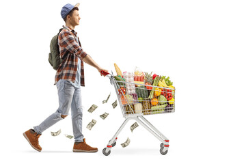 Wall Mural - Full length profile shot of a male student with food in a shopping cart walking and losing money