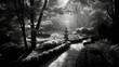 AI generated illustration of a garden in grayscale