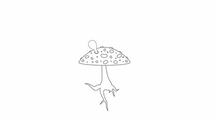Poster - Hallucinogenic fungus fly agaric bw outline 2D object animation. Poison mushroom blowing bubbles monochrome linear cartoon 4K video. Amanita psychedelics animated item isolated on white background