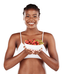 Health, portrait and black woman with fruit, salad or healthy breakfast bowl on isolated, transparent or png background. Weight loss, nutrition and face of nutritionist with organic snack for detox