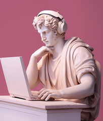 Canvas Print - Ancient Greek sculpture of a man with laptop and headphones.