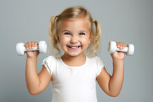 Laughing Little Girl In A White T-shirt With Dumbbells On A Simple Gray Background