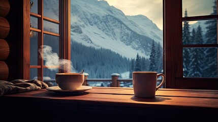  a cup of coffee sits on a table in front of a window with a view of a snowy mountain range.  generative ai