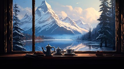 Sticker -  a painting of two teapots on a table in front of a window with a view of a snowy mountain range.  generative ai