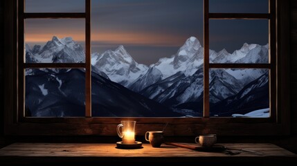 Poster -  a window with a view of a snowy mountain range and two cups of coffee on a table in front of it.  generative ai