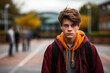 Teenager isolated displaying sadness amidst lively school surroundings 