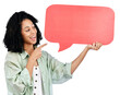 © Shrikant/peopleimages.com - Excited, smile and woman with speech bubble, pointing and poster isolated on a transparent background. Reaction, person and model with cardboard, communication and announcement with png or promotion