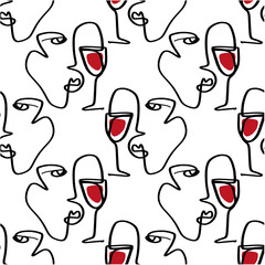 Wall Mural - One line minimalistic brush grunge abstract face with wine glass seamless pattern. Vector illustration. Modern contemporary art, trendy continuous drawing. Cubism artistic linear portrait. Simple