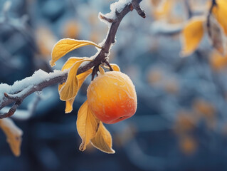 Wall Mural - Yellow apple on a branch in a frozen late autumn day, generated by AI