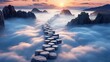 a long line of rocks in the middle of a sea of clouds with the sun setting in the distance behind them.  generative ai