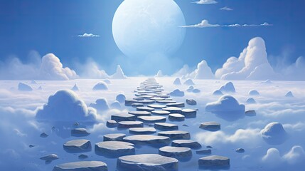 Wall Mural -  a painting of a path made of rocks in the middle of a blue sky with a full moon in the background.  generative ai