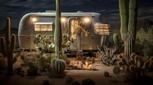 AI Generated Illustration Of A Classic Vintage Travel Trailer Illuminated In The Darkness