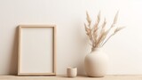 Fototapeta Boho - realistic, clean, photo of a frame, bowl, plant, vase, and a basket, in the style of white and beige, copy space, concept: product placement, 16:9
