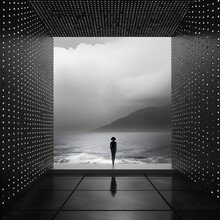 AI Generated Illustration Of A Female Silhouette In A Cube With A View Of Ocean In Grayscale