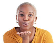 Portrait, Woman And Blow Kiss For Love, Care And Romantic Flirting Isolated On Transparent Png Background. Face Of African Model Kissing Air With Hands For Emoji, Reaction And Date On Valentines Day