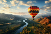 A Hot Air Balloon Floating Gracefully Over A Picturesque Landscape, Capturing The Concept Of Aerial Tourism. Generative Ai.