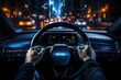 A driver's hands gripping the steering wheel of an autonomous vehicle, illustrating the Concept of self-driving technology in transportation. Generative Ai.