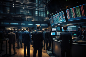 Poster - a bustling stock exchange floor with traders signaling buy and sell orders, representing the concept