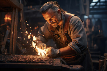 Poster - a craftsman shaping molten metal in a blacksmith's workshop, showcasing the concept of traditional c