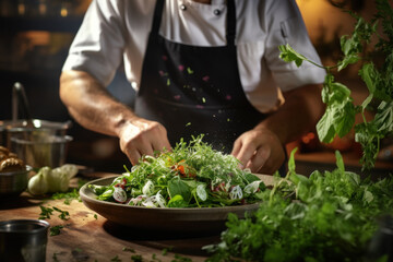 Canvas Print - A chef in a restaurant kitchen, garnishing a dish with fresh herbs. Concept of culinary expertise and flavor. Generative Ai.