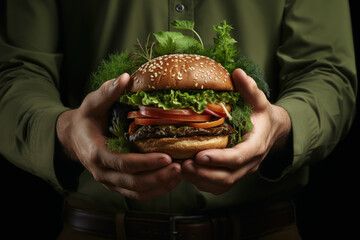 A person holding a plant-based burger, illustrating a meatless, sustainable diet. Concept of vegetarian and vegan nutrition. Generative Ai.