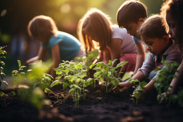 Wall Mural - A group of children planting a vegetable garden, learning about food sources and sustainability. Concept of nutrition education for youth. Generative Ai.