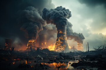 Poster - Smokestacks from an industrial factory billowing dark clouds of pollution into the sky. Concept of air pollution and industrial emissions. Generative Ai.