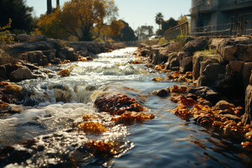 Canvas Print - A close-up of a factory's wastewater discharge into a river, depicting the problem of industrial pollution in water bodies. Generative Ai.