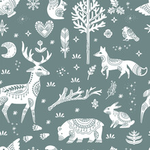 Seamless Pattern With Woodland Animals Silhouettes Vector