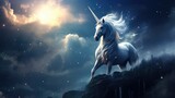  a white unicorn standing on top of a cliff under a night sky with stars and a full moon behind it.  generative ai