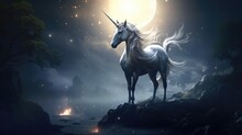  A White Unicorn Standing On Top Of A Rock Next To A Body Of Water With A Full Moon In The Background.  Generative Ai