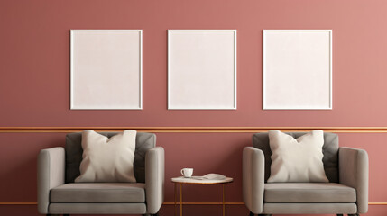 Wall Mural - A living room with three white frames, two chairs and a table lifestyle template mockup