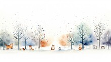  A Watercolor Painting Of A Winter Scene With Trees, Fox, And Other Animals Sitting In The Snow In The Foreground.  Generative Ai