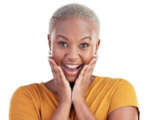 Wall Mural - Surprise, portrait and black woman excited, shocked or OMG facial expression for news, deal or secret. Wow reaction, WTF or girl with gossip, announcement or promo deal on transparent, png background