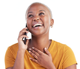 Wall Mural - Happy black woman, cellphone call and laughing at funny discussion, consultation or feedback communication joke. Phone conversation, comedy humour and African person on transparent, png background