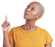 Face, thinking and pointing with a black woman isolated on a transparent background for an announcement. Idea, confused and information with a young person on PNG to gesture or question a deal