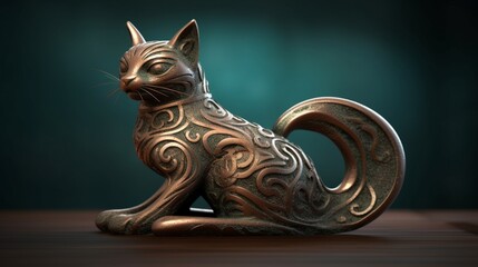 Wall Mural - Bronze metal sculpture street cat stretching paul illustration picture AI generated art