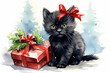 a charming black kitten with a red bow on its ear sits near beautifully packaged gift boxes,