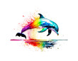 fröhlich springender  Delfin in regenbogen bunten Wasserfarben mit Spritzern und Kleksen vor einem weißen Hintergrund als Vorlage für Design wildlebender Meerestiere, Säugetiere, Ozean, Zoo, Meer