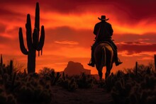 Silhouette Of Cowboy Riding Into The Desert Sunset