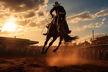 Sunset Rodeo, Cowboy And Horse In Action