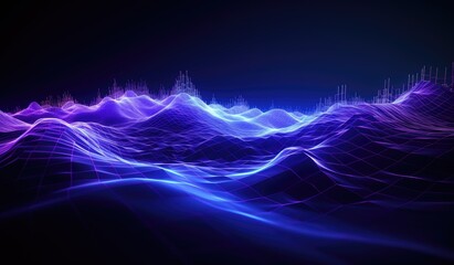 Wall Mural - blue and purple waves and lines presenting data visualization, futuristic space aesthetic, created w